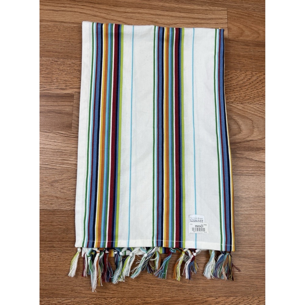 Pottery Barn Kitchen Tea Dish Towel Striped Fringe Edge‎ White Cotton 20x30 NEW